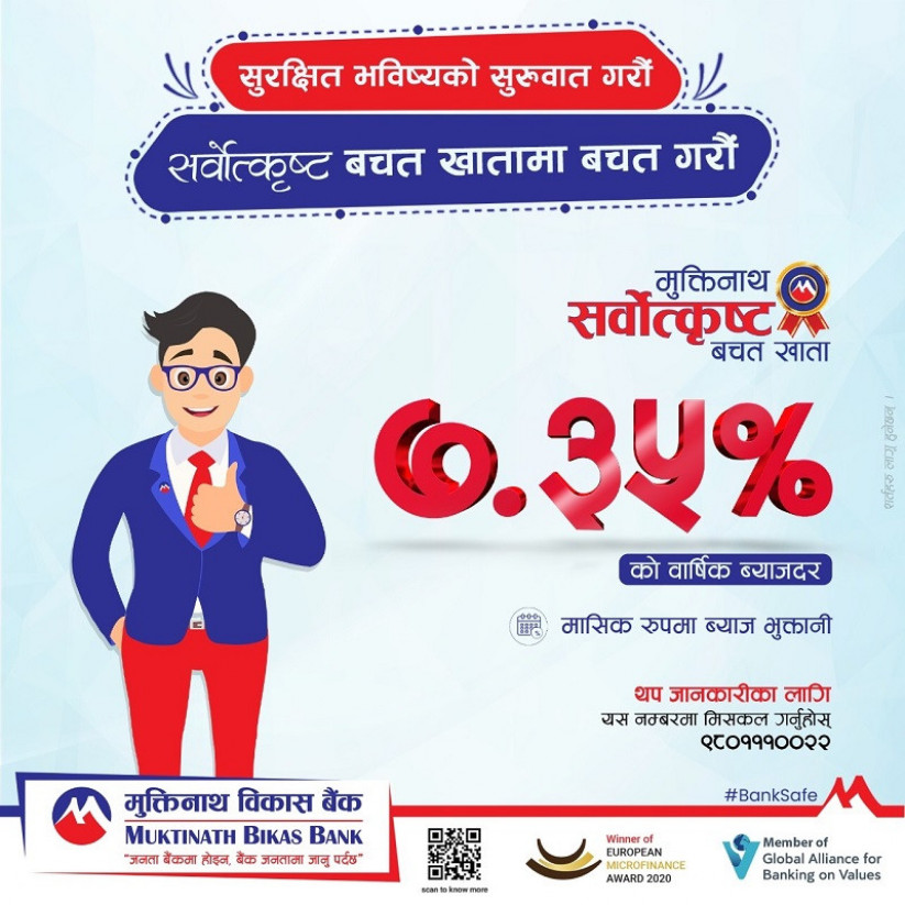 मुक्तिनाथ विकास बैंकले ल्यायो‘मुक्तिनाथ सर्वोत्कृष्ट बचत खाता’,मासिक कति प्रतिशत ब्याज ?
