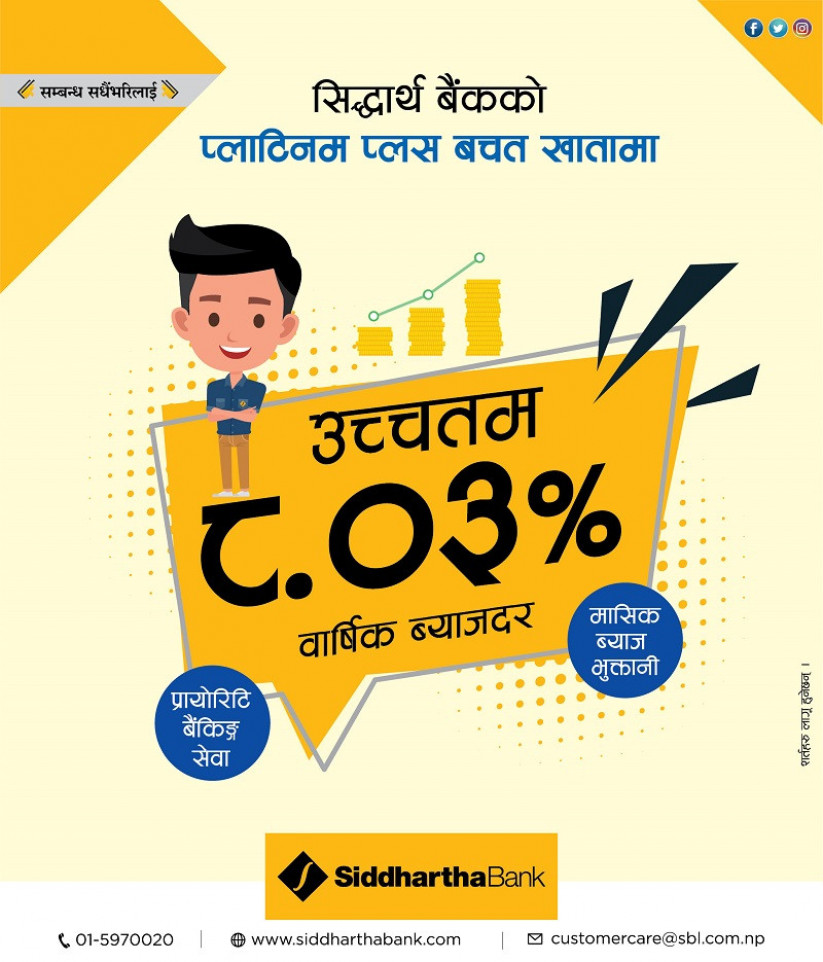 सिद्धार्थ बैंकद्धारा प्लाटिनम प्लस बचत खाता सञ्चालनमा, ८.०३५ % ब्याजसहित यस्ता छन् सुविधा