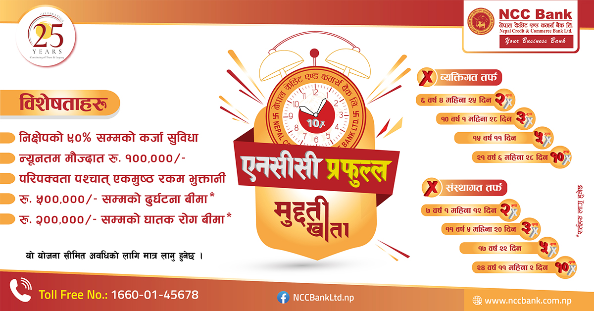 एनसीसी बैंकको ‘एनसीसी प्रफुल्ल मुद्दति खाता’ मा  निक्षेपको १० गुणासम्म रकम पाइने