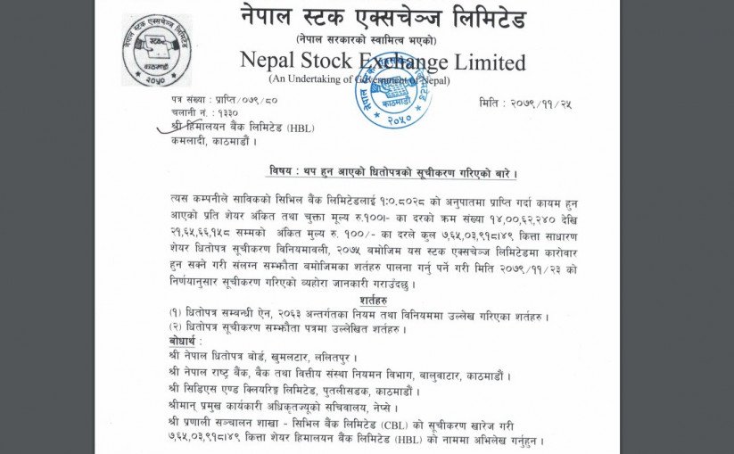 सिभिल बैंकको सेयर अब हिमालयन बैंकको नाममा सूचीकरण