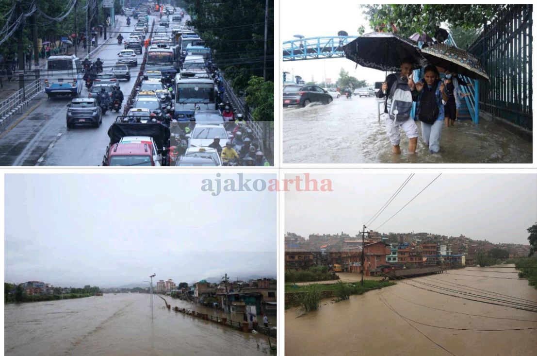 लगातारको झरीले उपत्यकाका सडक जलमग्न, ट्राफिक व्यवस्थापन अस्तव्यस्त