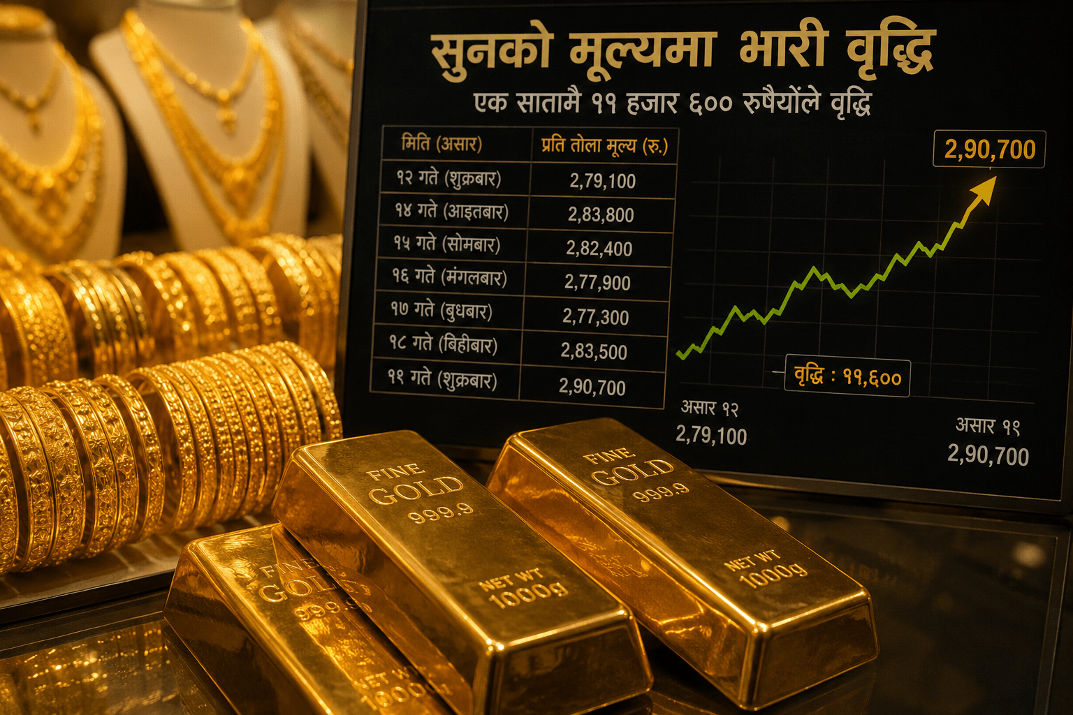 सुरक्षित लगानीतर्फ आकर्षण बढ्दा सुनको मूल्य एक सातामै ११ हजार ६०० रुपैयाँले महँगियो