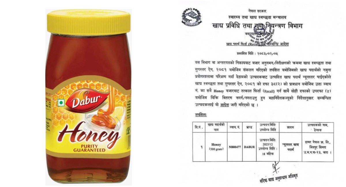 डाबरको मह गुणस्तरहीन ठहर, बजारबाट फिर्ता गर्न विभागको निर्देशन