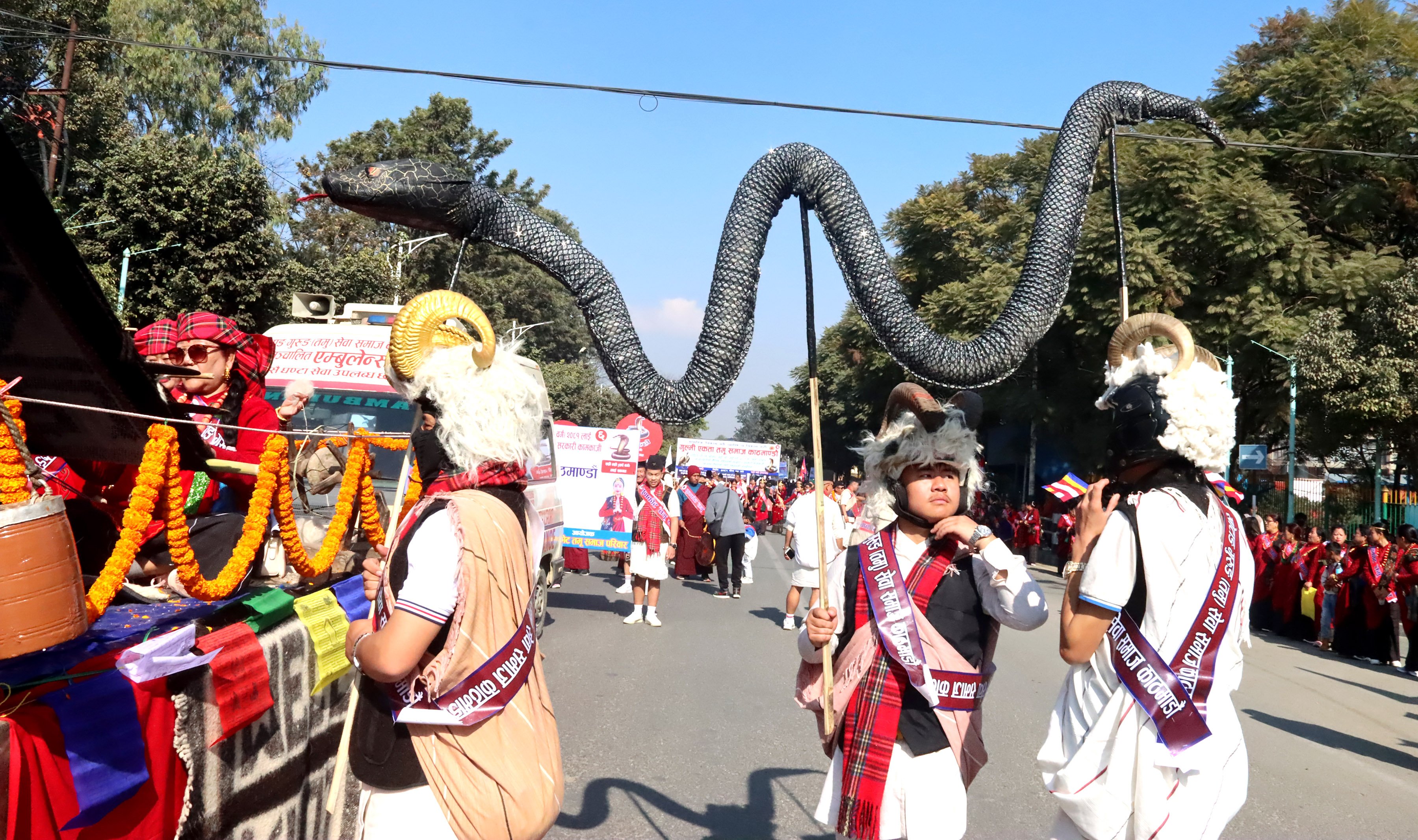 सर्प स्तम्भ लिएर जातीय वेशभूषामा नृत्य प्रस्तुत गरिँदै (तस्बिर)