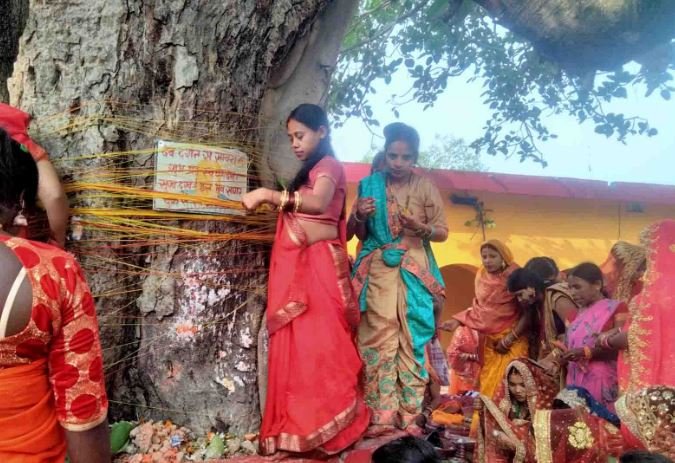 पतिको दीर्घयुको कामना गर्दै बटवृक्षको पूजा