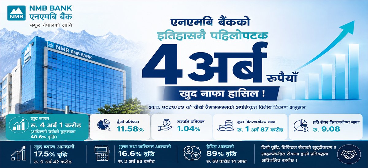 एनएमबिले बनायो नयाँ कीर्तिमान, खुद नाफा ४ अर्ब १ करोड रुपैयाँ