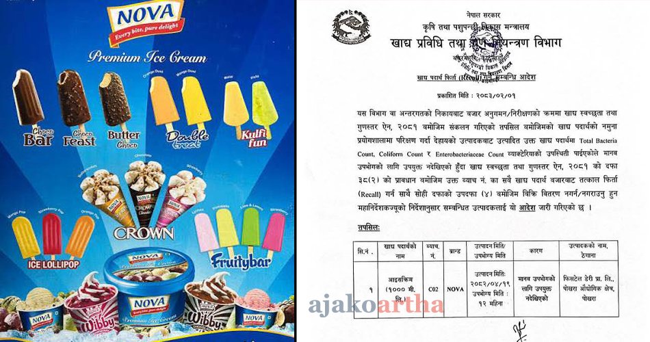‘नोभा’ आइसक्रिम गुणस्तरहीन ठहर, बजारबाट तत्काल फिर्ता लिन विभागको निर्देशन