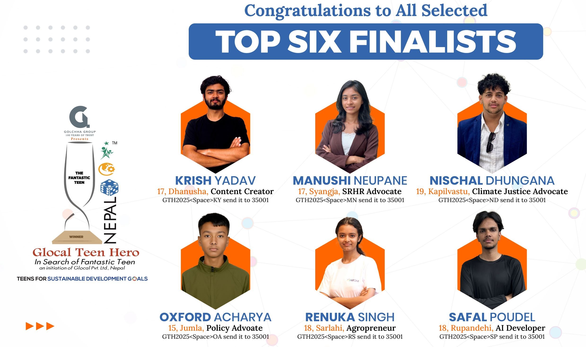 ग्लोकल टीन हिरो नेपाल ११औं संस्करणका शीर्ष ६ फाइनलिस्ट घोषणा